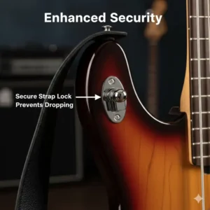 Demonstration of how bass guitar strap locks provide enhanced security to prevent the instrument from falling.