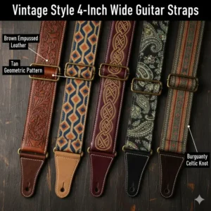 A variety of colorful and patterned vintage style 4 inch wide guitar straps displayed on a wooden background.