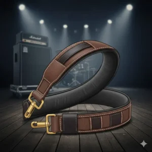 Comfortable padded leather strap highlighted as the best guitar accessories for live performance.
