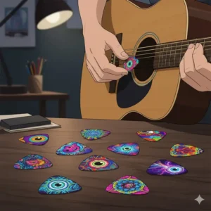 Psychedelic and artistic graphic print plectrums used as expressive and cool picks for guitar.