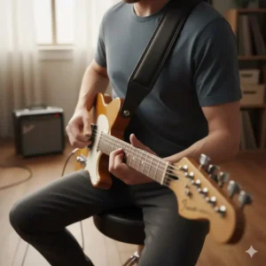 Padded ergonomic straps and comfortable stools representing the best electric guitar accessories for long playing sessions.