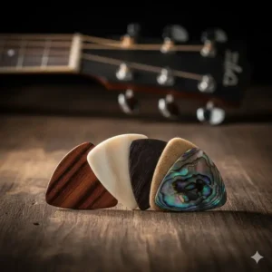Handcrafted boutique picks made from wood and bone, representing the best plectrums for unique tonal quality.
