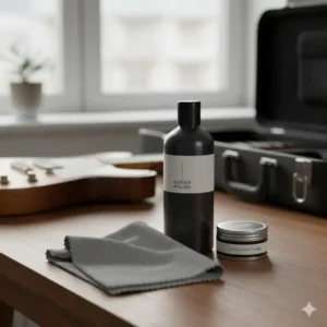 Guitar polish and a microfiber cloth for maintenance, perfect examples of good guitar accessories for care.