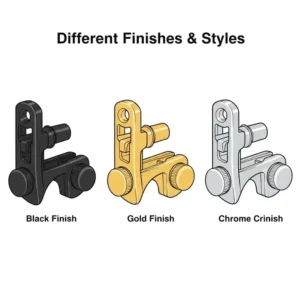 Showcase of various metal finishes including gold and black for modern bass guitar strap locks.