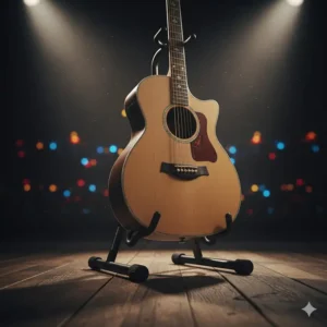 Professional folding A-frame stand holding an acoustic guitar, demonstrating durable and cool guitar accessories for stage.