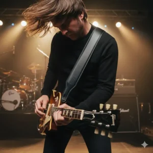 A guitarist performing live on stage while wearing 4 inch wide guitar straps for better stability.