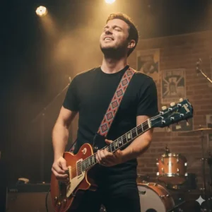 A professional musician performing live on stage while wearing wide geometric pattern vintage guitar straps.