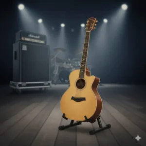 A reliable A-frame stand holding a guitar, ranking among the best guitar accessories for home studios.