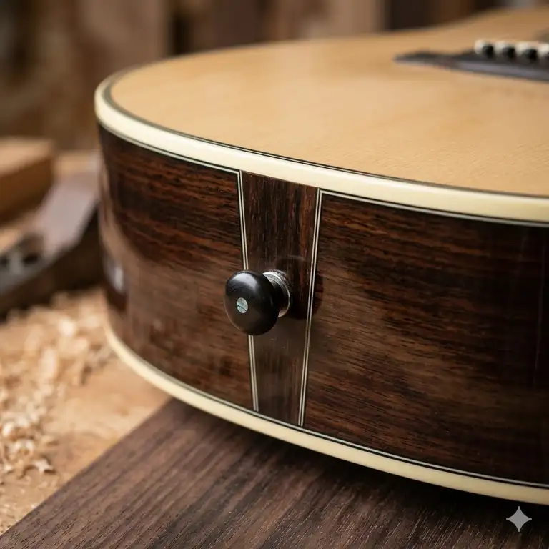 A polished ebony guitar end pins securely installed in the tail block of an acoustic guitar.