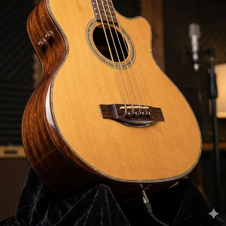 Featured Image: A professional close-up of a high-end acoustic bass guitar featuring a visible acoustic bass pickup for studio amplification.