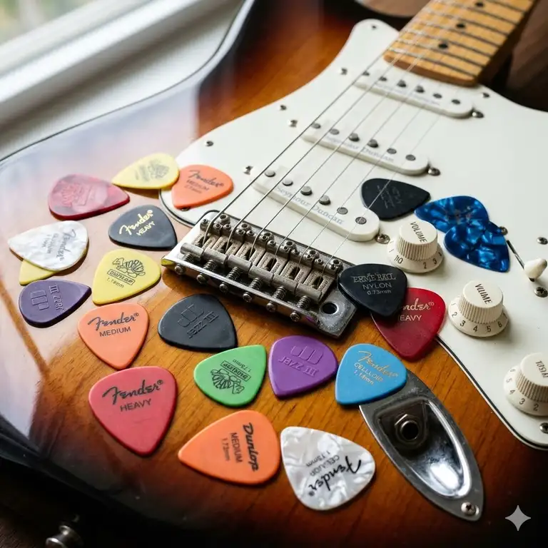 A collection of the best guitar picks for electric guitar scattered on a sunburst guitar body.