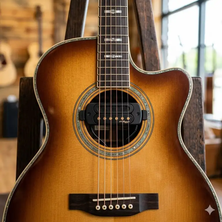 A close-up of the best soundhole pickup installed on an acoustic guitar sitting on a wooden stand.