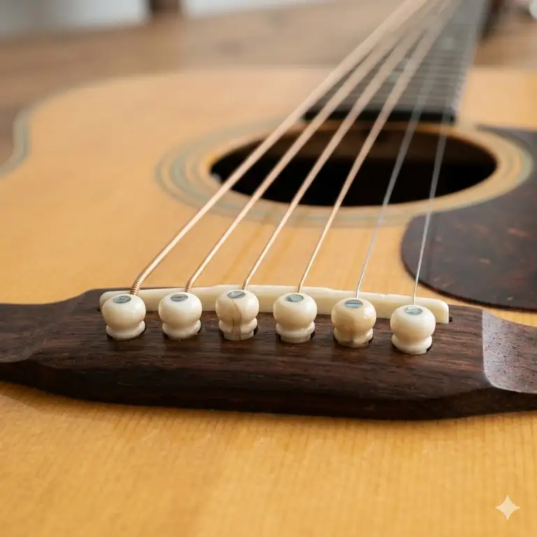 A premium set of bone bridge pins installed on an acoustic guitar for better tone.