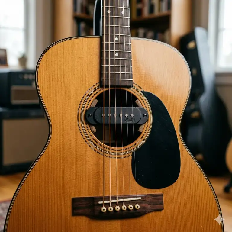 Professional close-up of a high-quality sound hole pickup installed on an acoustic guitar.