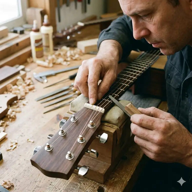 A professional luthier performing an acoustic nut replacement on a high-end guitar.
