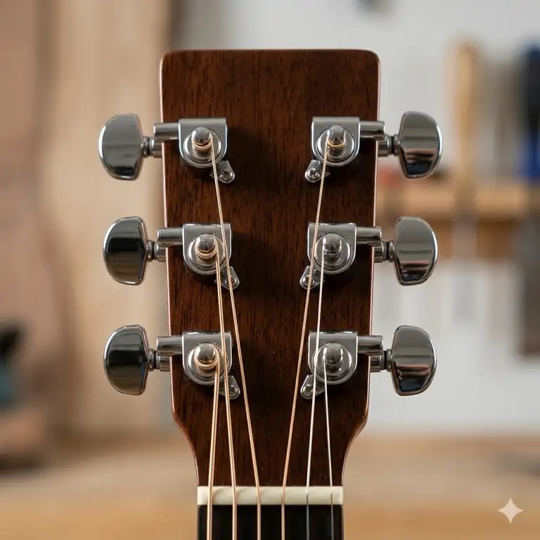 Professional close-up shot of chrome acoustic pegs on a guitar headstock.