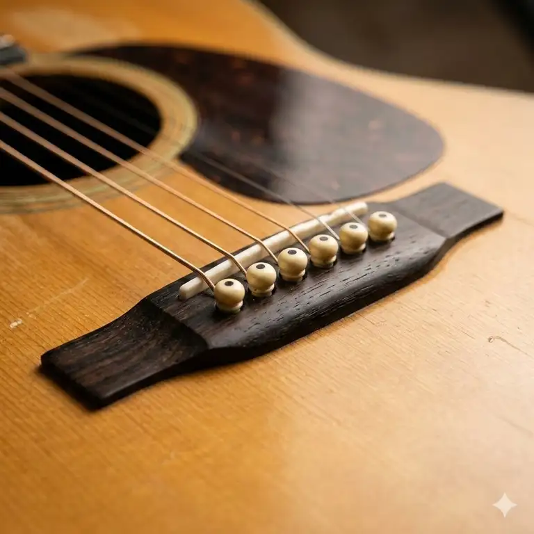 A professional close-up of genuine martin bridge pins installed on an acoustic guitar bridge.