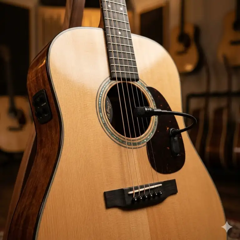 Professional setup of a high-end acoustic guitar pickup mic for live performance.