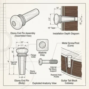 Detailed diagram showing the anatomy and structure of standard guitar end pins.