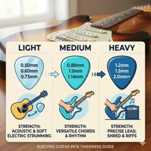 A thickness comparison chart showing the best guitar picks for electric guitar in light, medium, and heavy gauges.