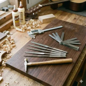 Specialized luthier tools required for a successful acoustic nut replacement procedure.