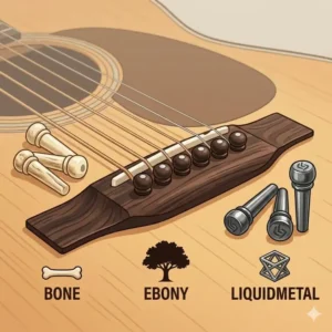 A side-by-side comparison of different materials used for martin bridge pins like bone and ebony.