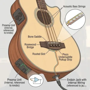 Illustration 1: A technical diagram showing how a piezo undersaddle acoustic bass pickup is installed beneath the bridge saddle.
