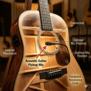 Technical diagram showing the internal placement of an acoustic guitar pickup mic.