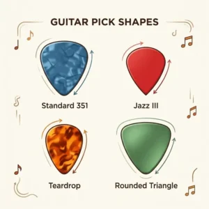 An infographic displaying different shapes of the best guitar picks for electric guitar including standard and teardrop.