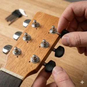 A set of high-quality ebony bridge acoustic pegs being installed on a guitar.