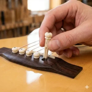 Step by step guide on how to properly install bone bridge pins in a guitar bridge.