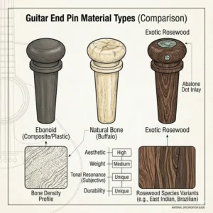 A comparison of different material types used for guitar end pins including wood, bone, and plastic.