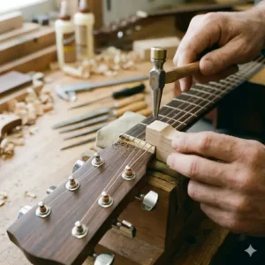 Carefully removing the old nut to begin the acoustic nut replacement process.