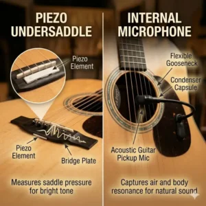 A side-by-side comparison between a piezo element and an acoustic guitar pickup mic.