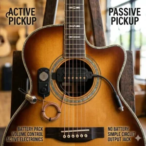 A comparison layout showing an active best soundhole pickup with a battery pack versus a passive model.