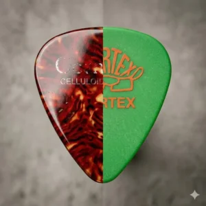 : A close-up view comparing celluloid and tortex materials used in the best guitar picks for electric guitar.