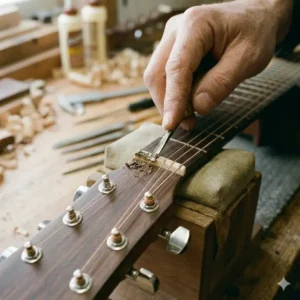 Cleaning the headstock slot thoroughly before the next step of acoustic nut replacement.