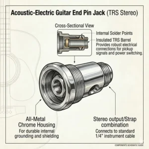 A chrome metal jack designed for acoustic-electric guitar end pins.