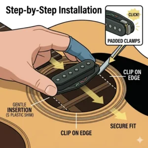 Explanatory diagram showing the internal components of an active vs passive sound hole pickup.