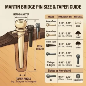 A technical size and taper guide for choosing the correct martin bridge pins for your guitar.