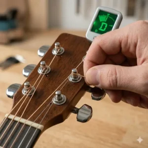 Hand adjusting the tension of acoustic pegs to tune the guitar strings.
