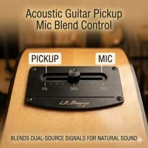 Close-up of the preamp dial used to blend the acoustic guitar pickup mic signal.