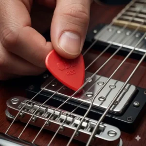 A red Jazz III style pick, known as one of the best guitar picks for electric guitar for lead playing.