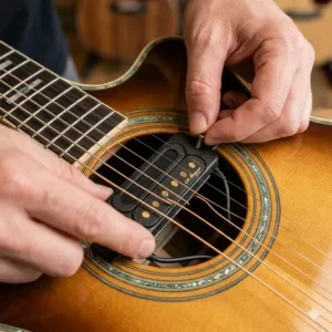 A top-down view showing how to install the best soundhole pickup by tightening the side clamps.