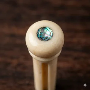 Close up view of decorative bone bridge pins featuring colorful abalone shell inlays.