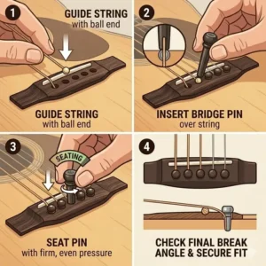 Step-by-step diagram showing the proper way to seat and install martin bridge pins.