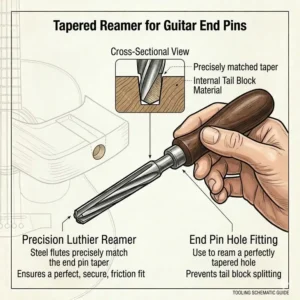 A luthier using a tapered reamer tool for the precise installation of guitar end pins.