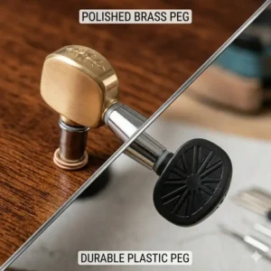 Visual comparison between brass and plastic acoustic pegs for tone quality.