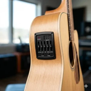 Illustration 4: Detailed side view of the onboard preamp and EQ controls for an integrated acoustic bass pickup.