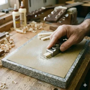 Sanding a new bone blank to the correct thickness for an acoustic nut replacement.